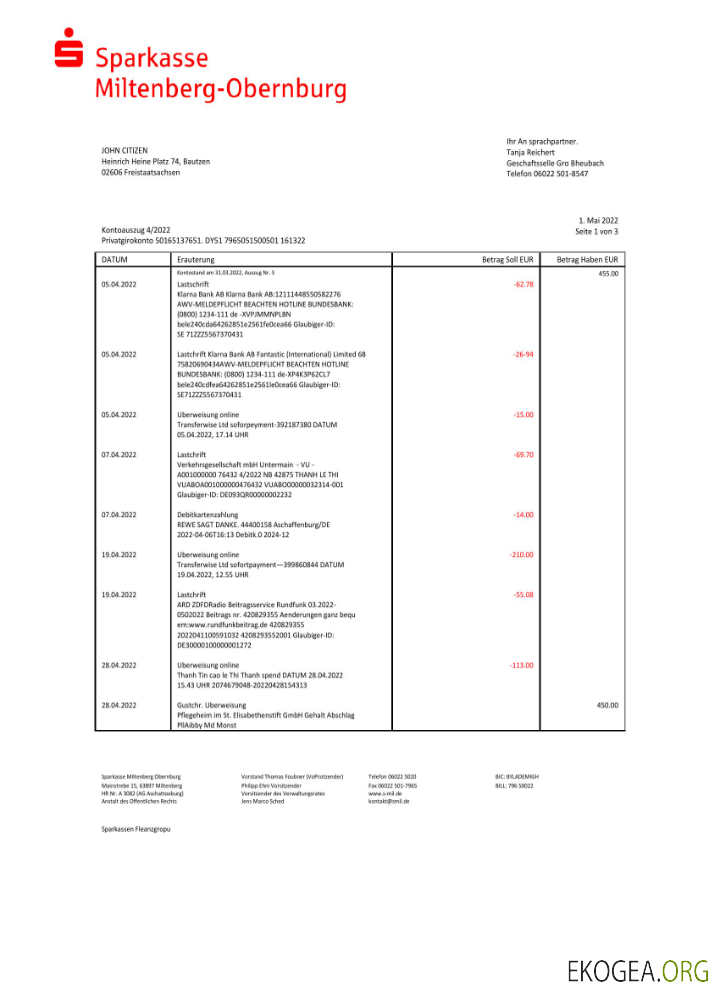 Allemagne Sparkasse Miltenburg Obernburg relevé bancaire Modèle Word et PDF